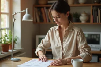 Femme collant un timbre sur une enveloppe blanche à son bureau, avec un tableau des tarifs postaux imprimé à côté