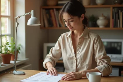 Femme collant un timbre sur une enveloppe blanche à son bureau, avec un tableau des tarifs postaux imprimé à côté