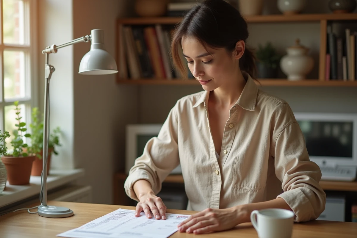 Femme collant un timbre sur une enveloppe blanche à son bureau, avec un tableau des tarifs postaux imprimé à côté