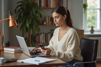 Jeune femme travaillant à son bureau créatif à domicile