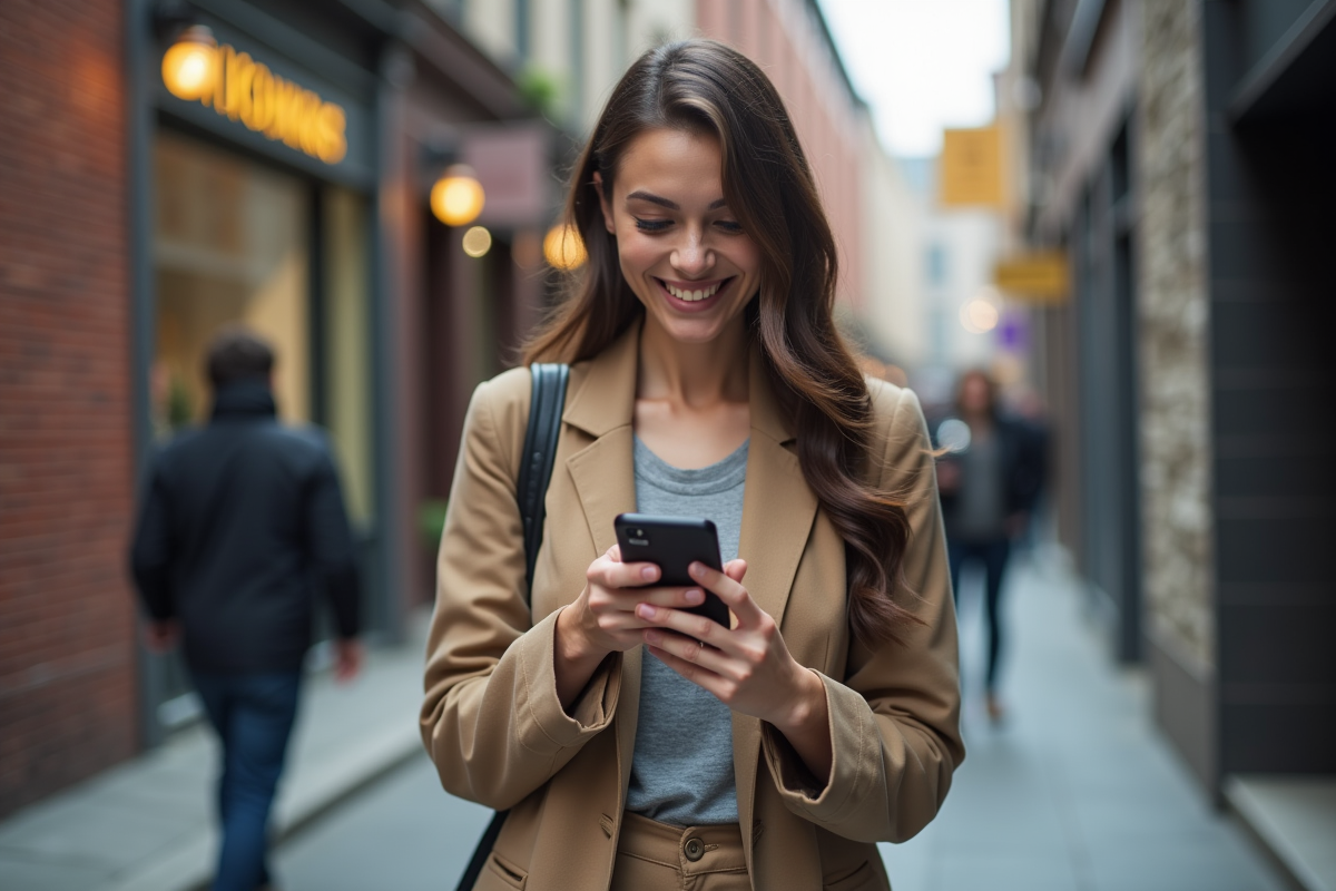 Femme urbaine souriante avec son appareil photo en ville
