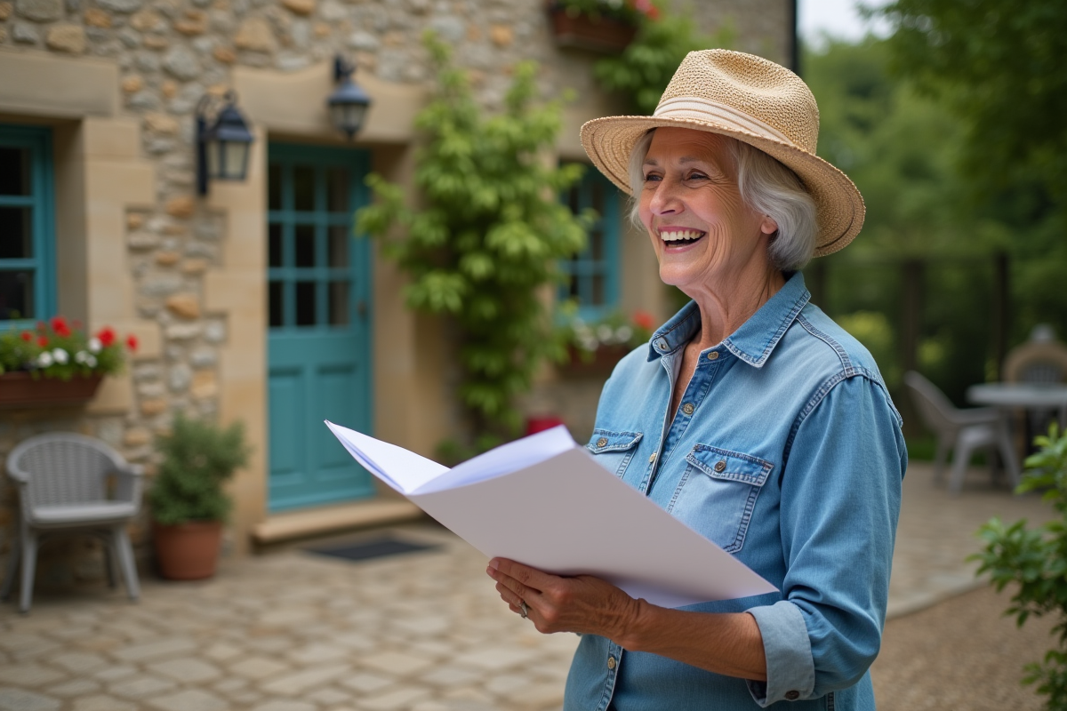 Femme senior souriante devant sa maison en pierre en campagne