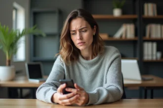 Femme vérifiant un appel entrant d'un numéro 0270 inconnu sur son smartphone au bureau