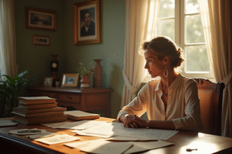 Femme élégante dans la quarantaine avec lettres anciennes