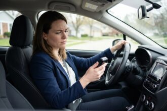Jeune femme en voiture examinant un dispositif telematique