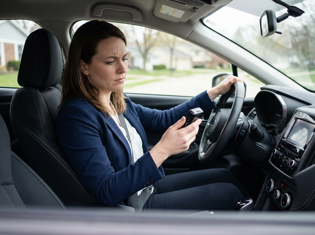 Jeune femme en voiture examinant un dispositif telematique
