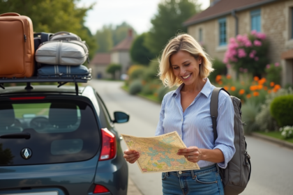 Femme voyageant en France avec carte et voiture