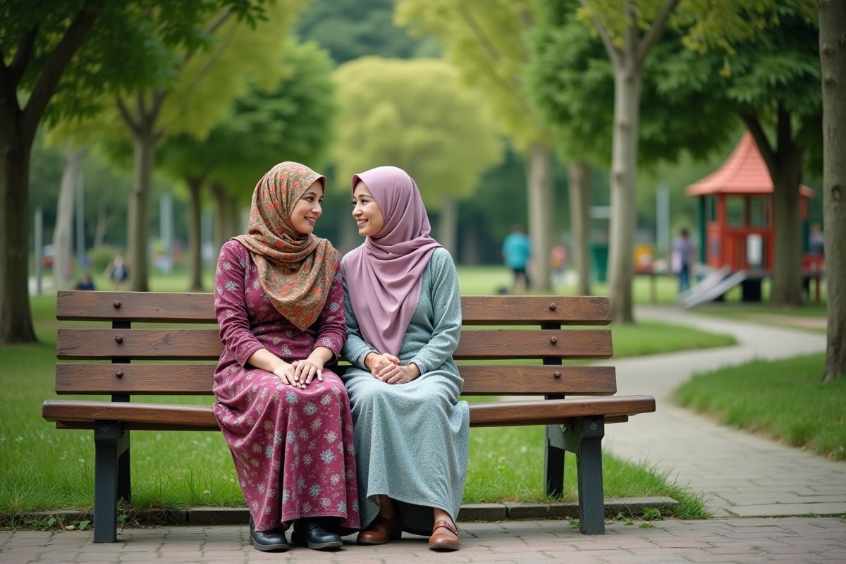 Femmes musulmanes assises dans un parc verdoyant