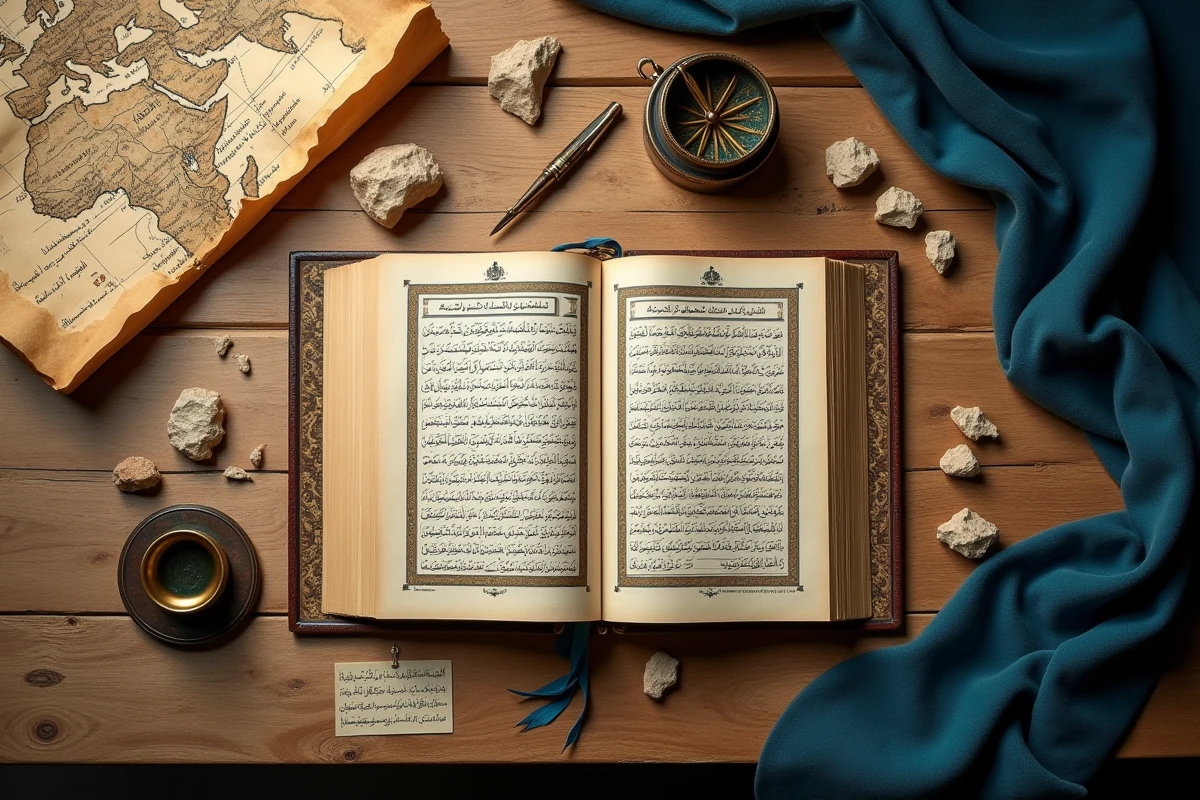 Flat-lay éditorial d'une traduction française du Coran ouverte sur la sourate Al Kahf avec une carte ancienne et une boussole en laiton évoquant le voyage de Dhul Qarnayn