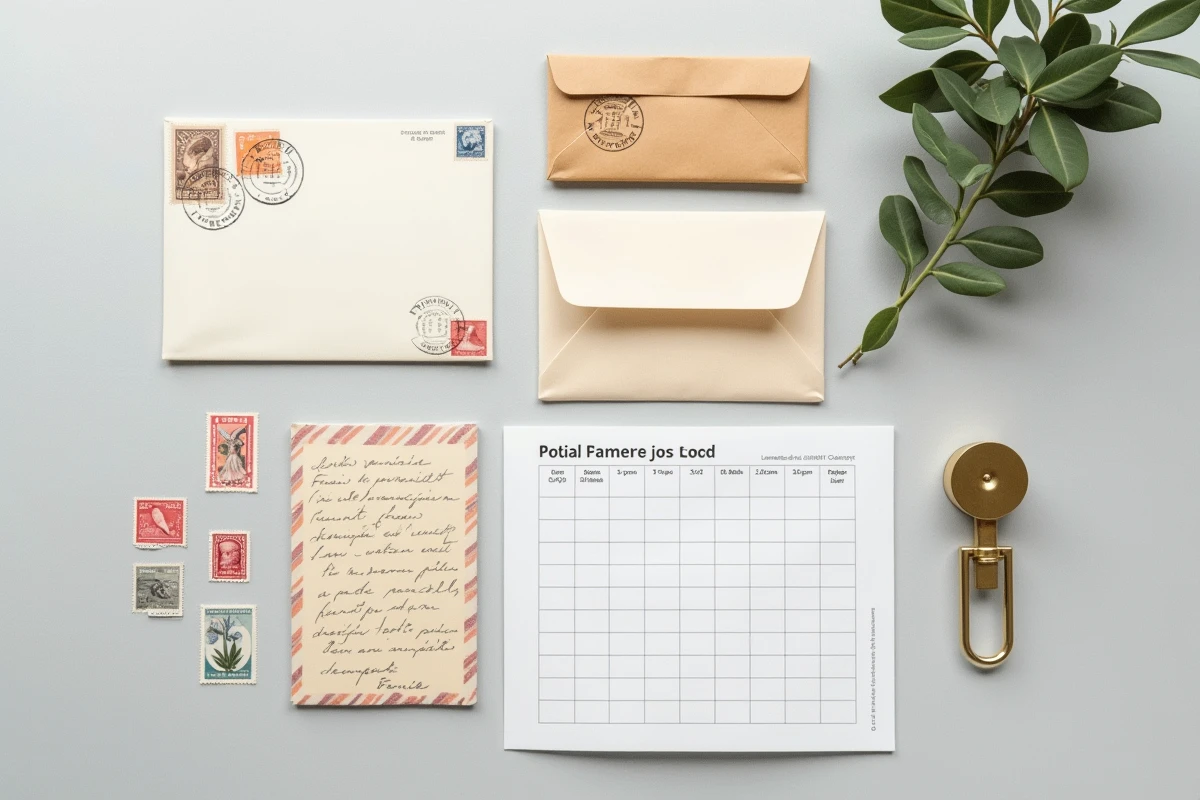 Vue de dessus d'un assortiment de timbres, enveloppes, balance postale et tableau des poids pour l'affranchissement