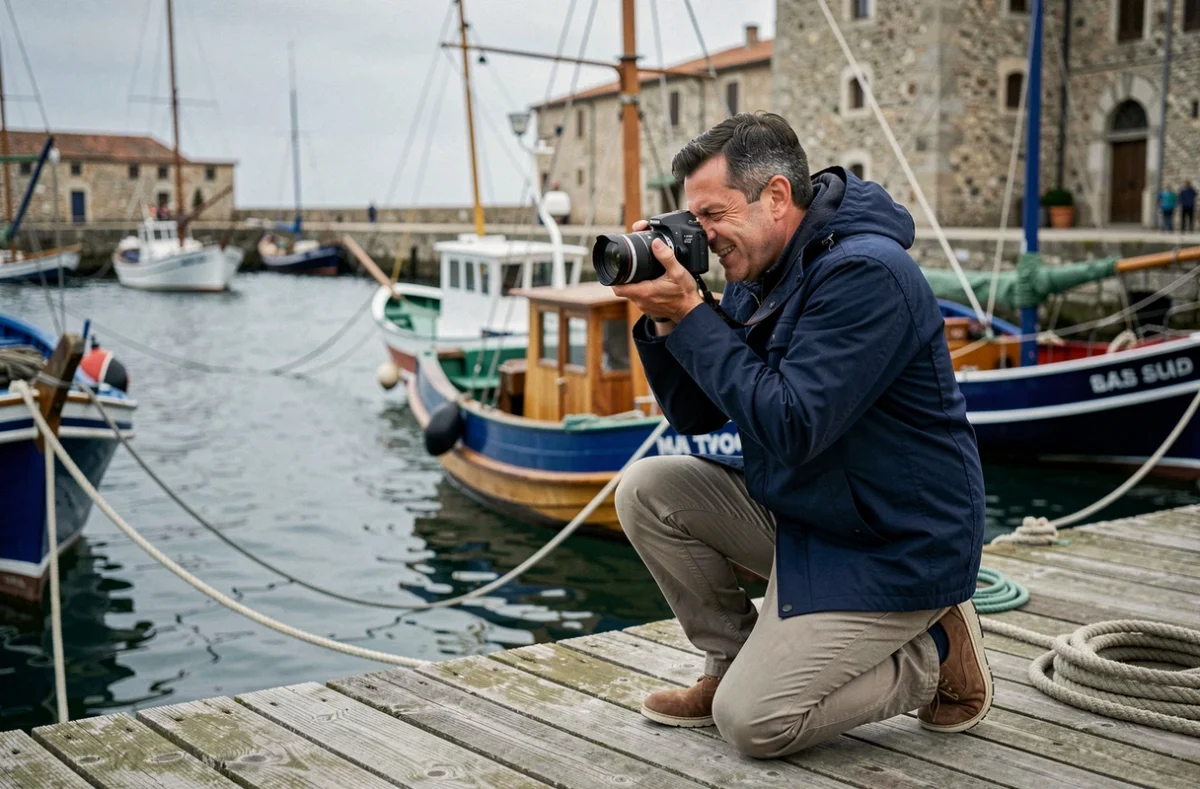 Photographe Fred Hermand photographiant des bateaux de pêche dans un port de la Manche