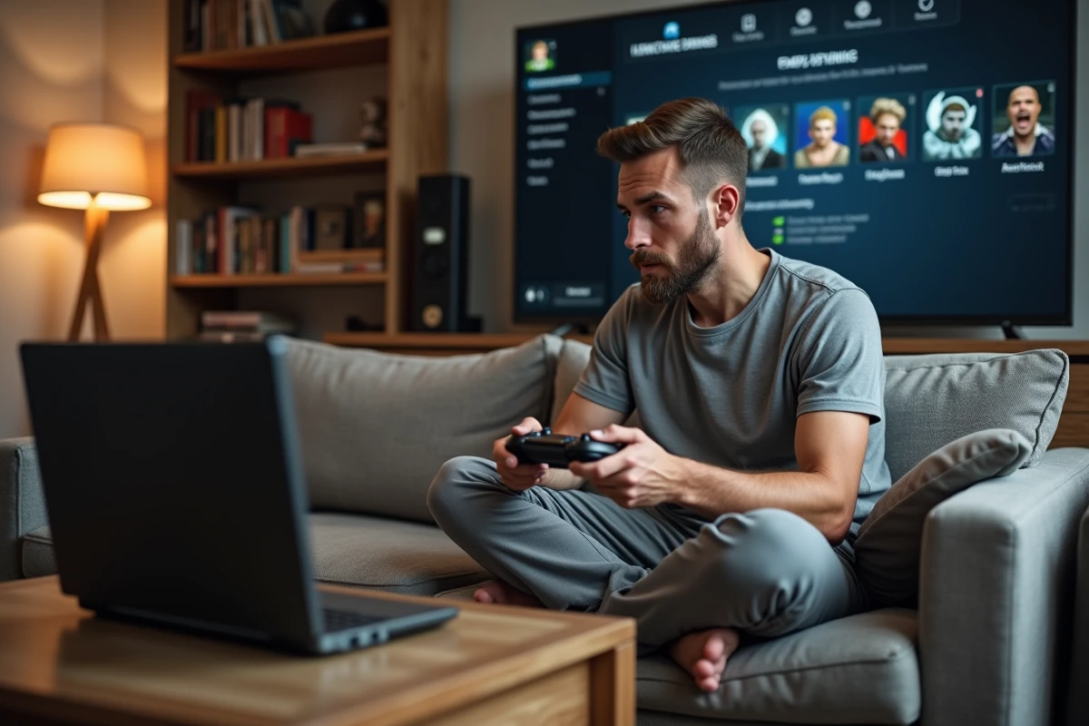 Gamer consultant un guide de composition d'équipe et de builds optimaux sur écran secondaire dans un salon