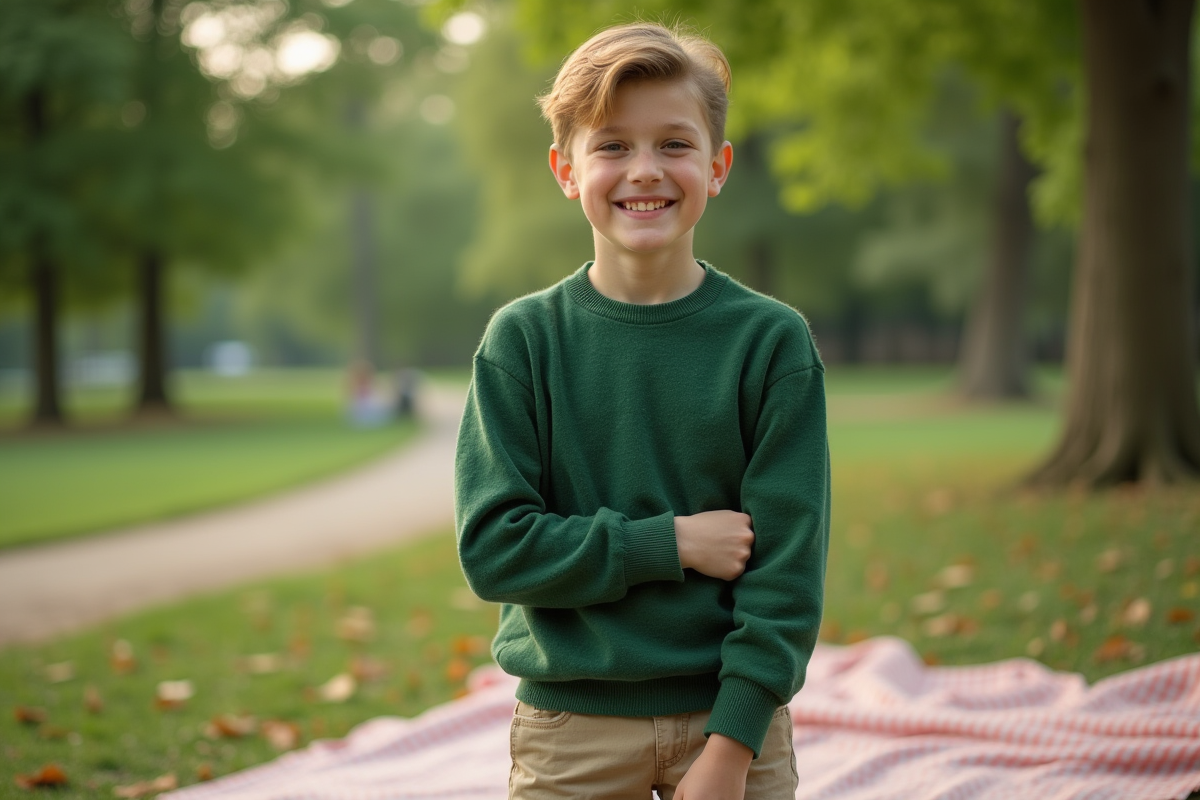 Adolescent en pull vert dans un parc verdoyant