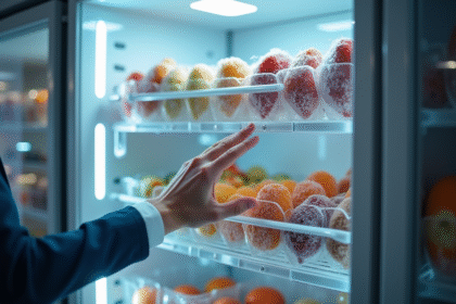 Main ouvrant un congélateur moderne rempli d'aliments surgelés