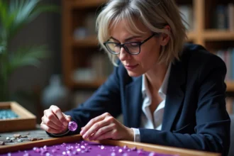 Gemologue femme examinant un gemstone violet avec loupe