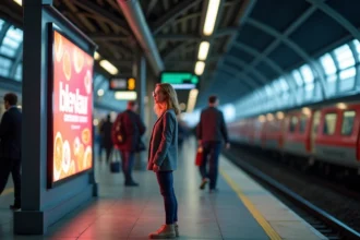 Panneau publicitaire lumineux LED attirant l'attention d'un passant