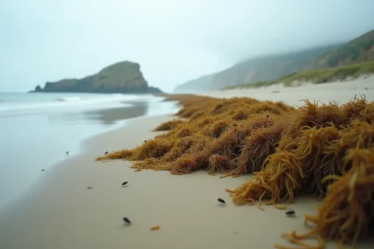 Tas de goémon et d'algues échouées sur une plage bretonne avec mouches visibles, ciel couvert, vue panoramique du littoral