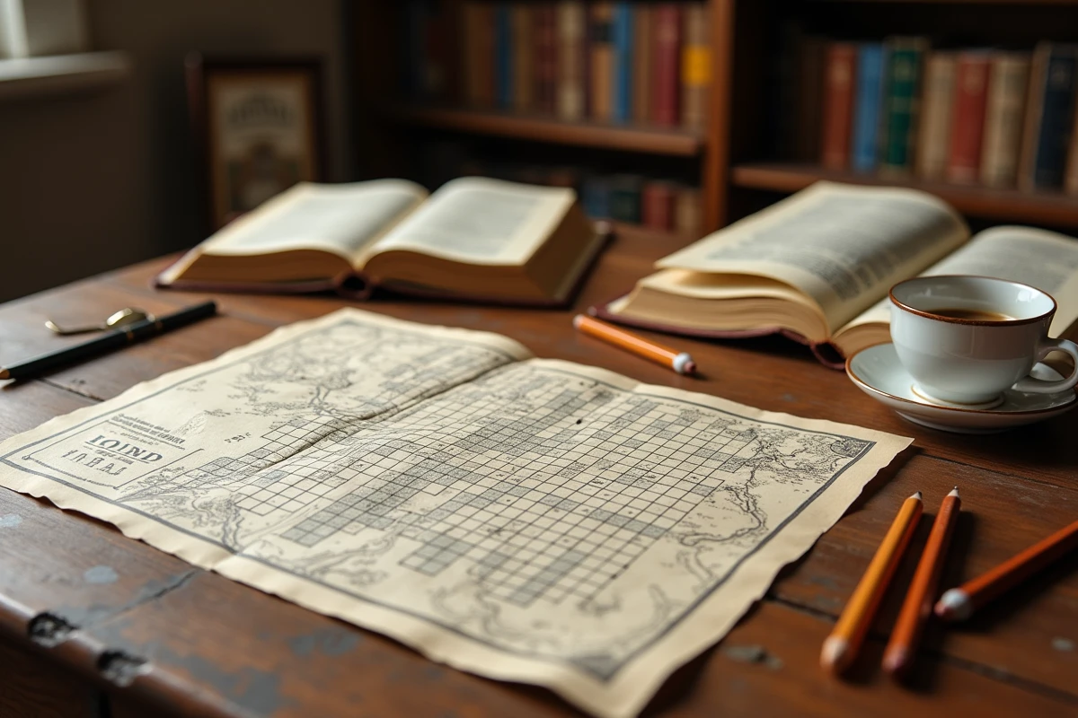 Vue de dessus d'une grille de mots croisés avec une carte italienne vintage, un dictionnaire et un café espresso sur un bureau en bois