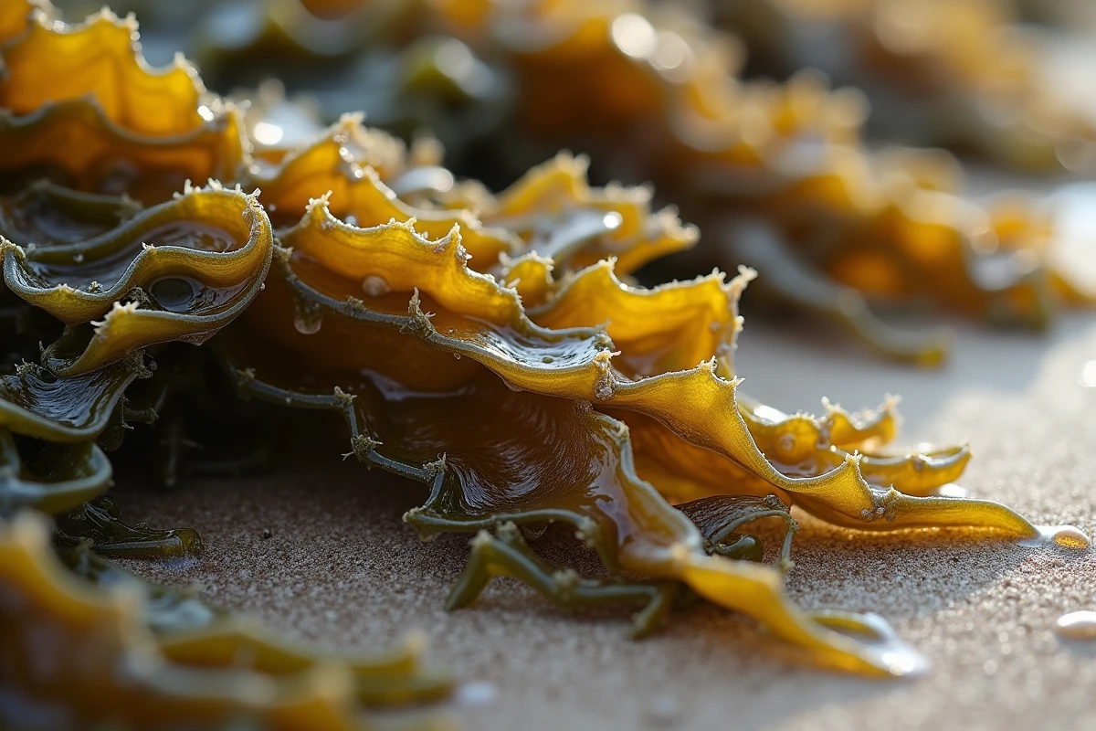 Gros plan sur des algues goémon mouillées sur le sable avec détails biologiques, vésicules et filaments visibles de près