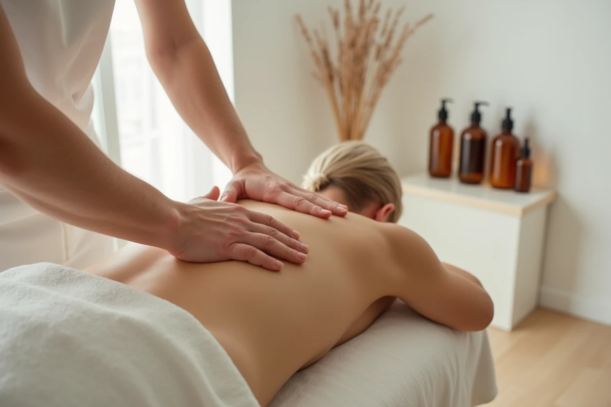 Gros plan de mains de masseur effectuant un massage du dos sur une table de soin drapée en tissu ivoire