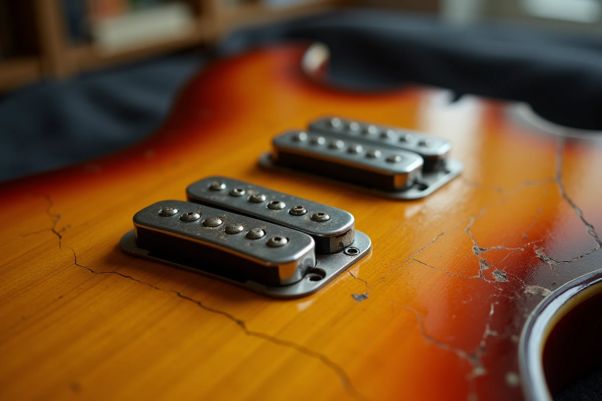 Gros plan sur deux micros Samarium Cobalt noiseless montés sur une guitare électrique sunburst vintage