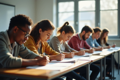 Groupe d adultes remplissant des formulaires dans une salle lumineuse
