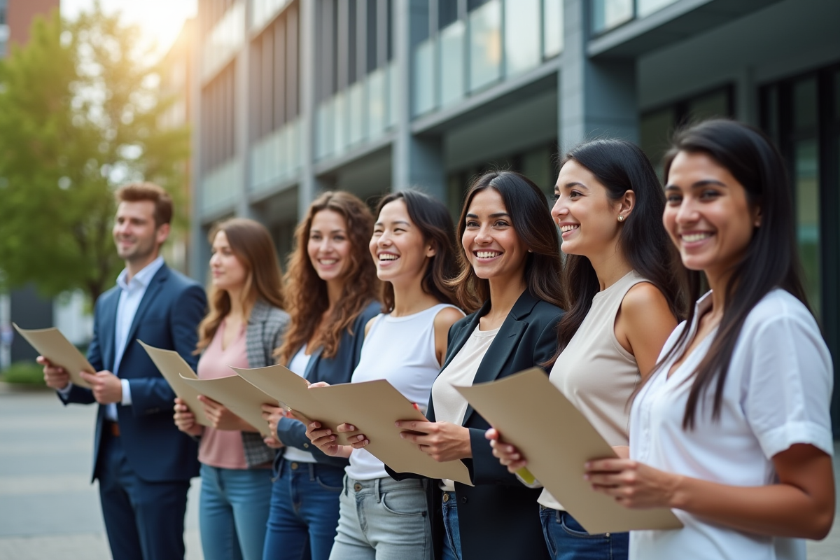 Groupe de candidats souriants devant un bâtiment éducatif moderne