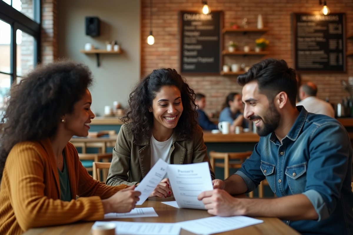 Groupe de personnes discutant d'avis clients imprimés autour d'une table dans un café