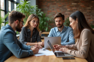 Groupe d'entrepreneurs jeunes dans un espace de coworking moderne