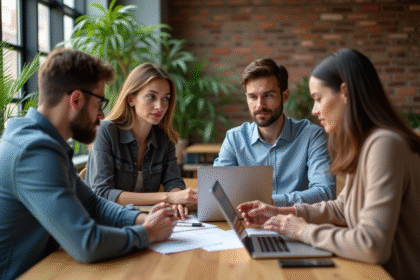 Groupe d'entrepreneurs jeunes dans un espace de coworking moderne