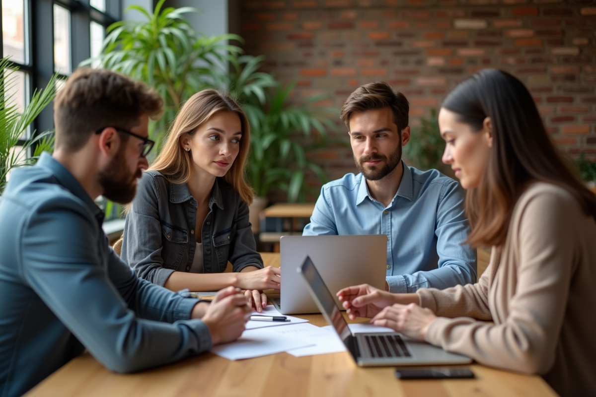 Groupe d'entrepreneurs jeunes dans un espace de coworking moderne
