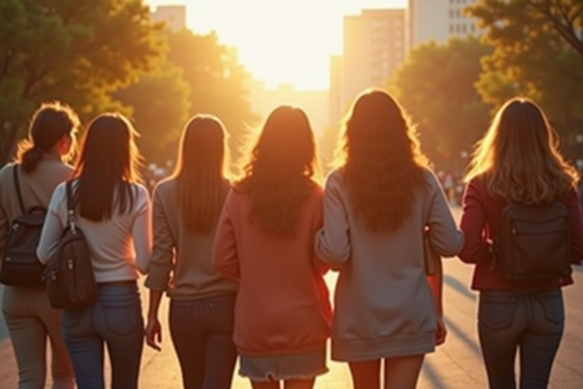 Groupe de femmes diverses marchant ensemble en plein air ensoleille