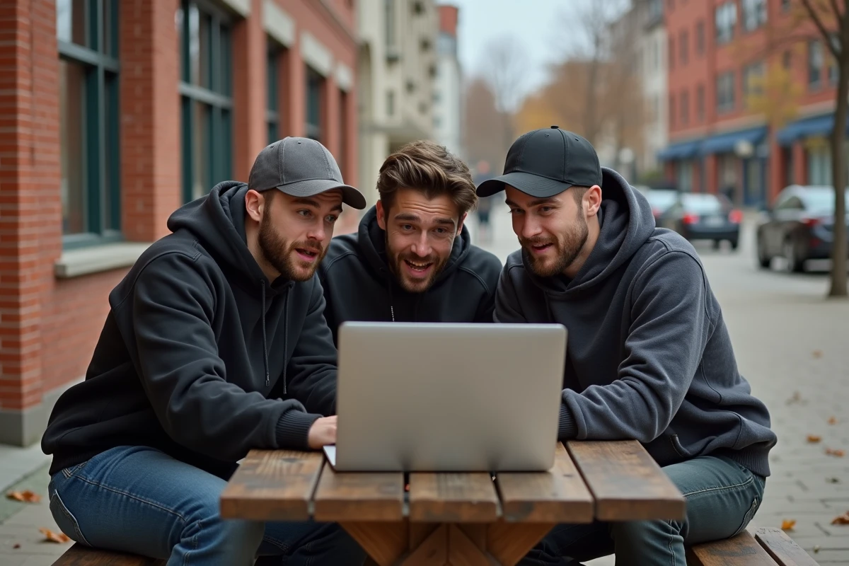 Groupe de jeunes passionnés d'automobile regardant ensemble une vidéo de GMK youtubeur sur un ordinateur portable en extérieur