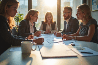 Groupe de professionnels discutant de documents de paie dans un bureau lumineux