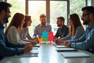 Groupe de professionnels autour d'une table avec pièces de puzzle innovation