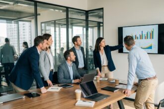 Groupe de professionnels en réunion dans un bureau moderne