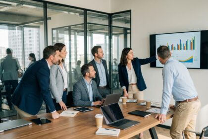 Groupe de professionnels en réunion dans un bureau moderne
