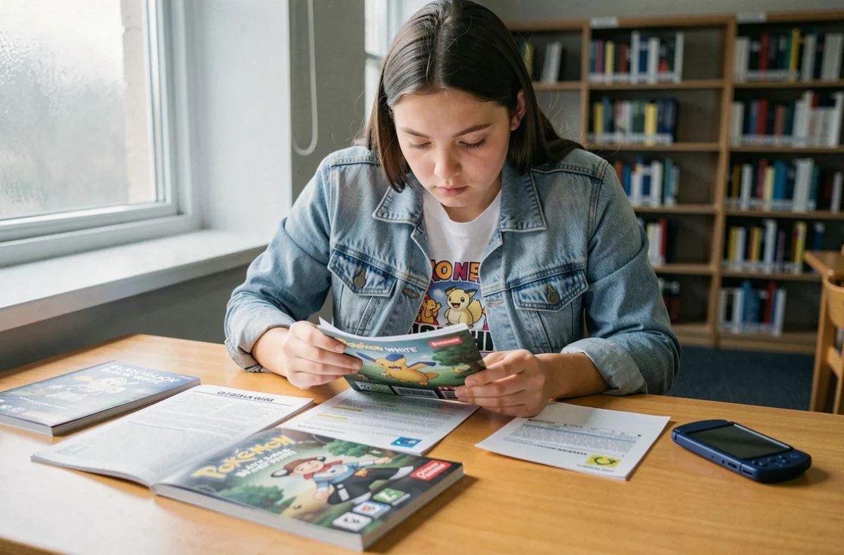Adolescente consultant un guide stratégique pour capturer les Pokémon légendaires de Pokémon Noir et Blanc