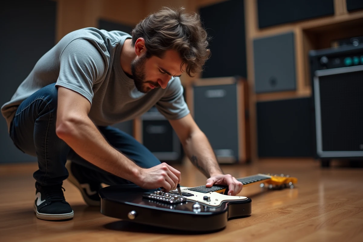 Guitariste ajustant un micro noiseless Samarium Cobalt sur le sol d'un studio d'enregistrement professionnel