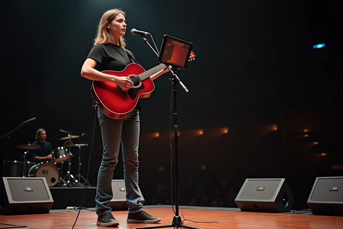 Guitariste sur scène consultant un simulateur de niveau sonore sur tablette avant un concert