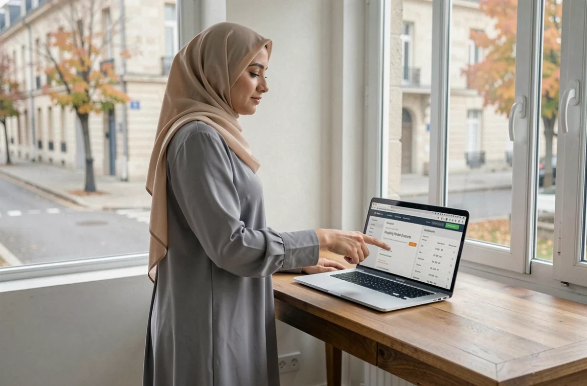 Femme musulmane consultant les heures de prière en ligne sur un ordinateur à Compiègne