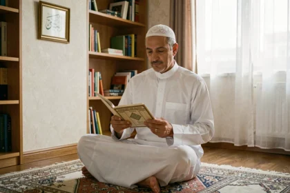 Homme musulman consultant un livret d'horaires de prière à Compiègne dans une pièce décorée avec soin