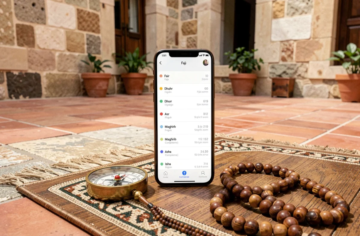 Smartphone affichant les horaires de prière de Compiègne posé sur un tapis de prière avec une boussole et des perles de chapelet