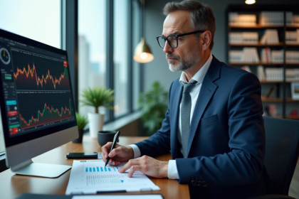 Homme d'affaires en costume analysant des données économiques