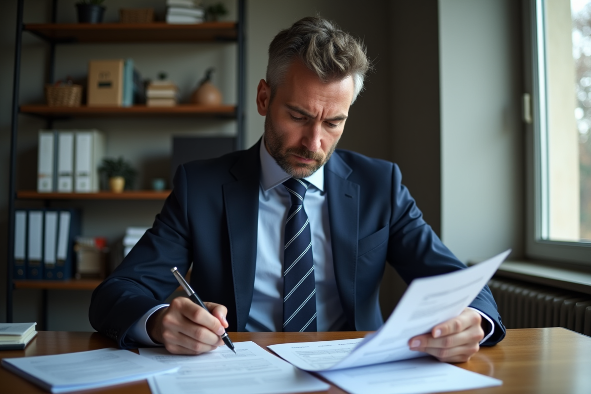 Homme d'affaires français examine des documents fiscaux