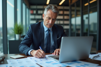 Homme d'affaires en costume bleu dans un bureau moderne