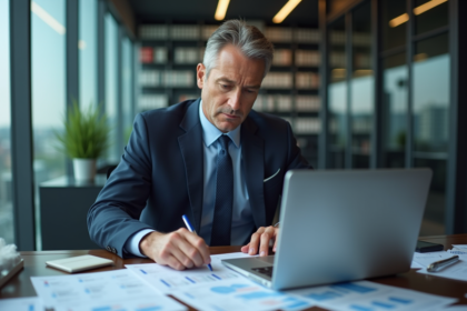 Homme d'affaires en costume bleu dans un bureau moderne