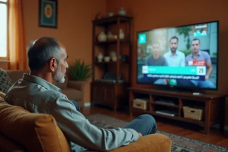 Homme algérien regardant les chaînes d'information télévisées algériennes dans un salon traditionnel