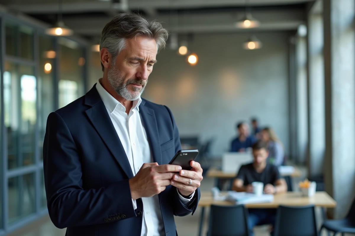 Homme d'affaires analysant des témoignages clients sur smartphone dans un espace de coworking