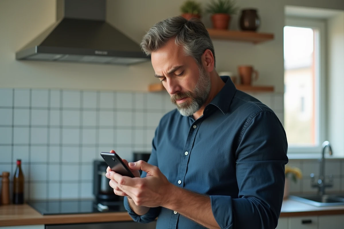 Homme examinant avec méfiance un numéro 0270 affiché sur son téléphone dans une cuisine